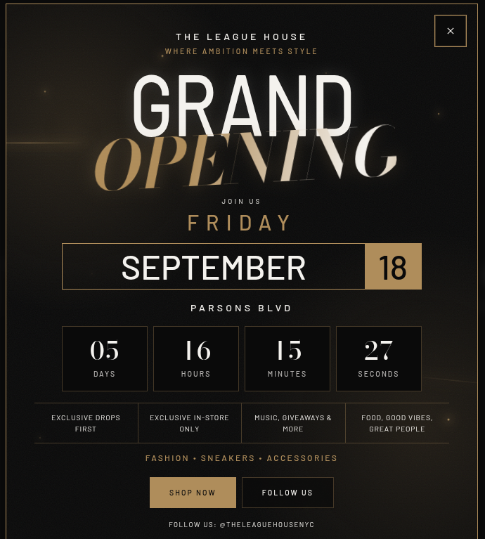 The League House mobile grand-opening countdown page