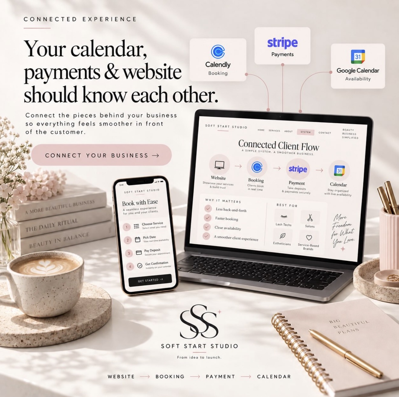 Soft Start Studio connected calendar, payment, and website promotional post